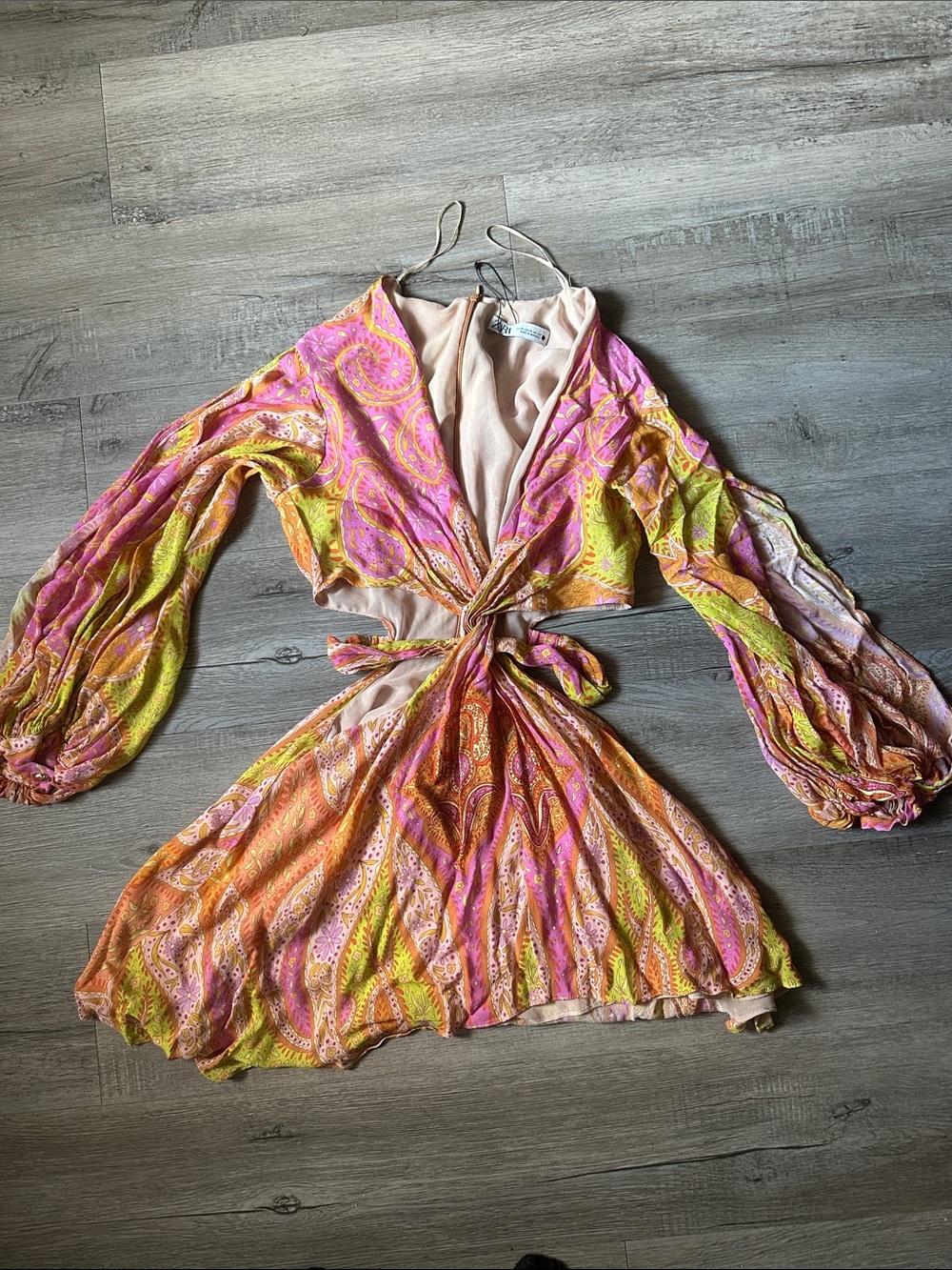 Zara Pink Orange Yellow Paisley Tie-Waist Mini Dress